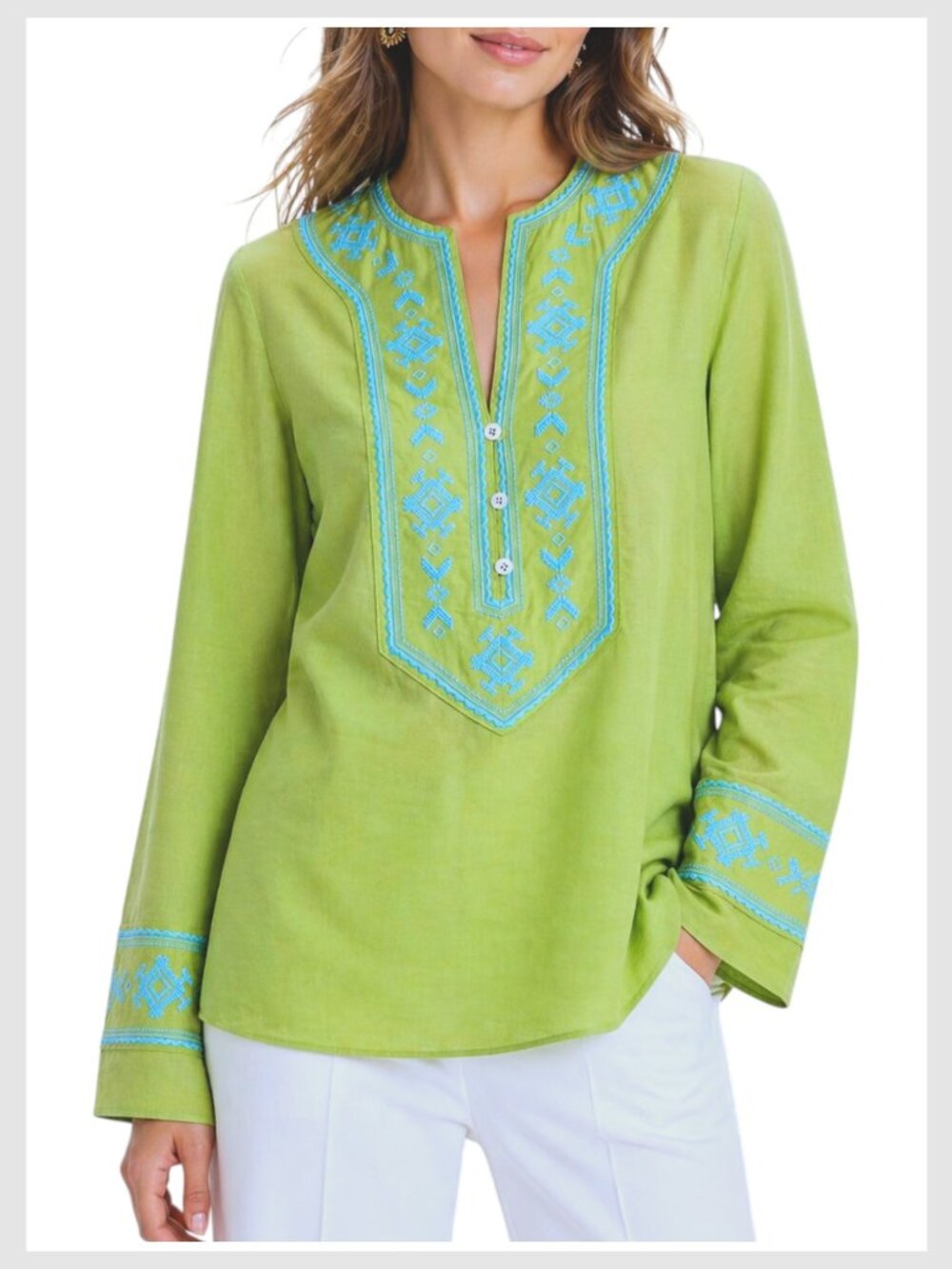 Tory Burch Tunic Blouse Green Blue Embroidered Cotton Size 6